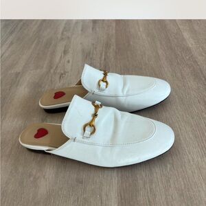 Amazon White Leather Slip-On Mules with Gold Bit